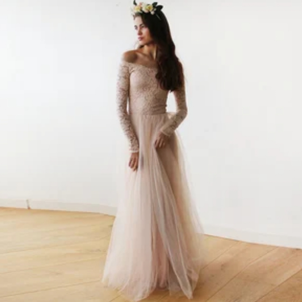 Blush Off-The-Shoulder Lace and Tulle gown